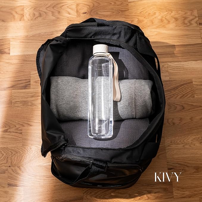 KIVY Slim Water Bottle 32oz [Lightweight & Shatterproof Tritan] Fits Backpack & Cupholder for Travel, Sports, School, Gym - Clear water bottle with measurements - Transparent Beige - Dishwasher Safe