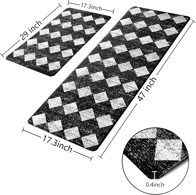 Black Moroccan Trellis Checkered Kitchen Rug Sets [2 PCs], Anti-Fatigue, Waterproof Non-Slip Kitchen Mats Heavy Duty Ergonomic Comfort Foam Rug for Floor, Home, Laundry,17"x29"+17"x47"