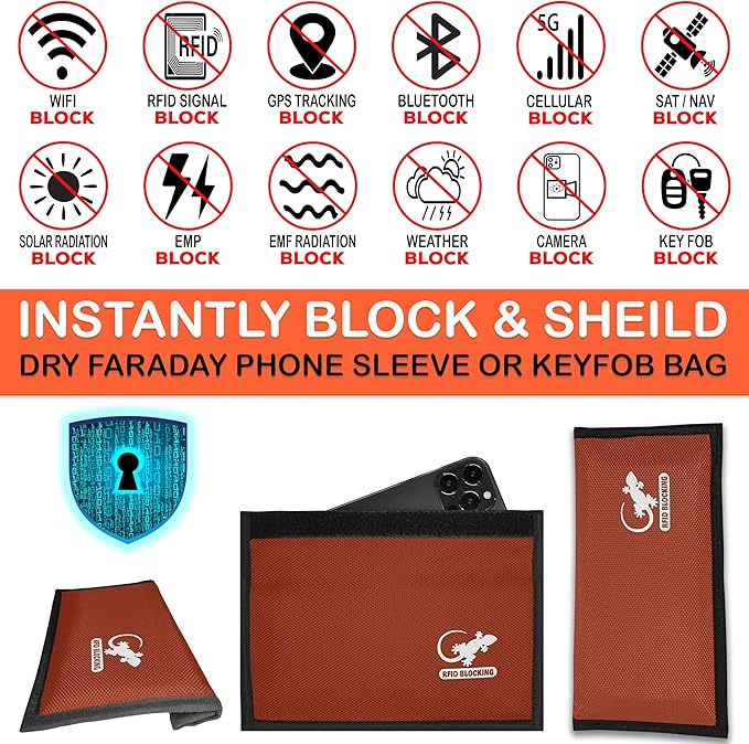 Gecko Travel Tech Faraday Bag Orange Nylon - Signal Blocker for Cell Phone, Car Key FOB, Data Privacy (ORANGE - NYLON)