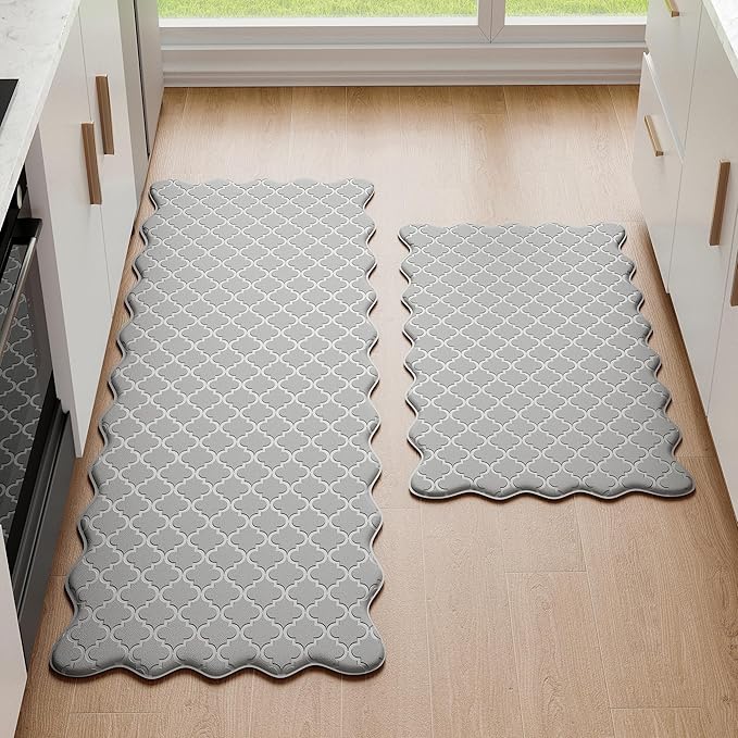 Upgrade Scalloped Embossed Kitchen Mats for Floor 2PCS Cushioned Anti Fatigue Waterproof Foam Kitchen Rugs Non Slip Washable Comfort Standing Mat for Sink Laundry, 17.3"x30"+17.3"x59", Grey