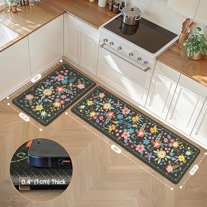GENIMO Kitchen Mats for Floor 2PCS, Cushioned Kitchen Rugs Non Slip Washable, Farmhouse Anti Fatigue Mat Waterproof, Comfort Standing Mat Rug for Office, Home, Laundry, 17.3"x59"+17.3"x30", Black