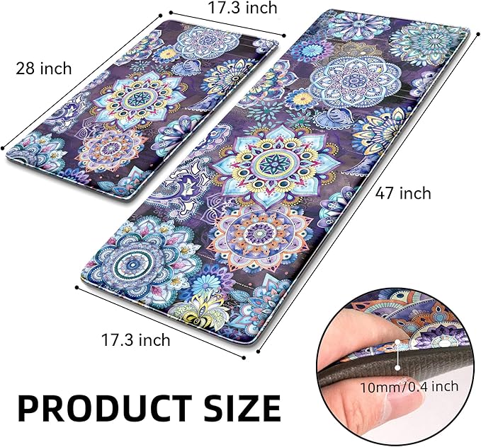 Boho Purple Floral Kitchen Rugs Mats for Floor 2 Piece Memory Foam Padded Kitchen Mats Anti Fatigue Non Slip Cushioned Comfort Standing Mat, 17.3x28+17.3x47 Inch