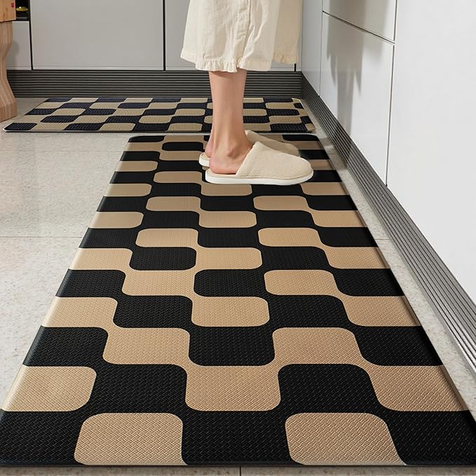 Black Brown Retro Curvy Checkered Grid Checkerboard Kitchen Rug Sets [2 PCs], Anti-Fatigue, Waterproof Non-Slip Kitchen Mats Heavy Duty Comfort Foam Rug for Floor, Home, Laundry,17"x29"+17"x47"
