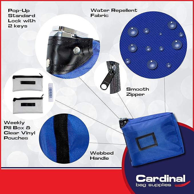Large Medicine Bag Includes Pill Box and Removable Clear Bags, Prescription Bottle Organizer, Travel Carry Case, Standard Lock,12 x 10 x 2 Inch (Royal Blue)