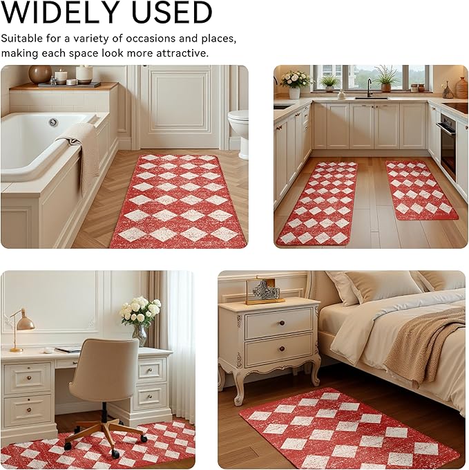 Moroccan Trellis Red Checkered Kitchen Rug Sets [2 PCs], Anti-Fatigue, Waterproof Non-Slip Kitchen Mats Heavy Duty Ergonomic Comfort Foam Rug for Floor, Home, Laundry,17"x29"+17"x47"