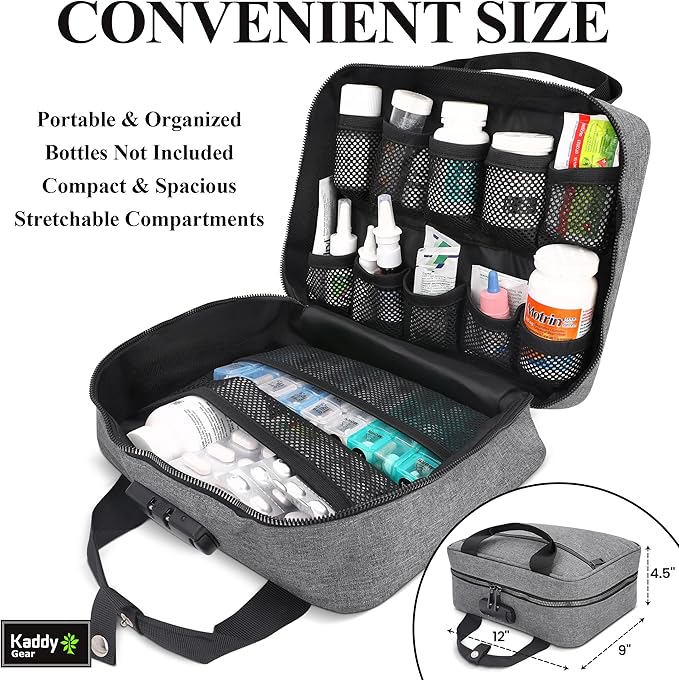 Kaddy Large Medicine Bag, Secure, Padded, Pill Organizer Box, Case for Bottles of Medicine or Supplements; Storage; Toiletry; 3 Digit Lock, Grey