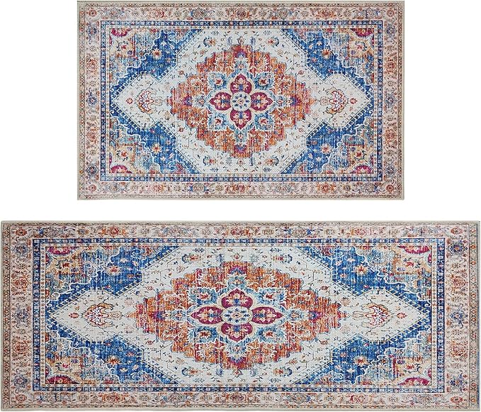 Boho Kitchen Mat Set of 2, Non Slip Blue Kitchen Rug for Floor,Vintage Farmhouse Outdoor Doormats Linen Runner Rug Washable Standing Mats for Entryway,Laundry,Office,Hallway 17”x30“+17'' x47''