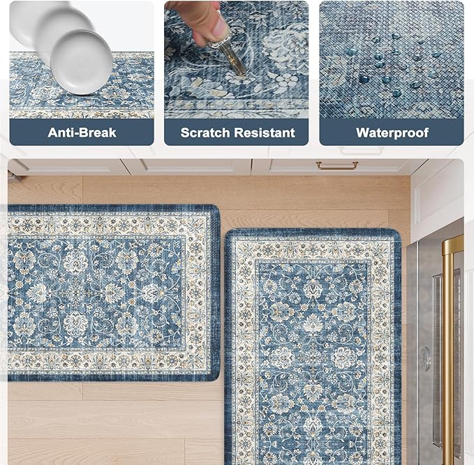 KIMODE Kitchen Mats Cushioned Anti Fatigue, Boho Oriental Kitchen Rugs Sets of 2, Blue Kitchen Mats for Floor, Padded Kitchen Floor Mat, Non Slip Standing Desk Mats for Sink Laundry Office