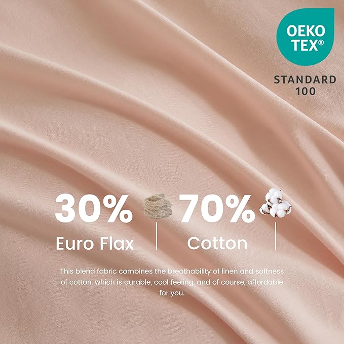 Simple&Opulence Belgian Linen Sheet Set Solid Color - 6 Pieces (1 Flat Sheet & 1 Fitted Sheet & 4 Pillowcases) 16" Deep Pocket Natural Flax Cotton Blended Soft Bedding - Pale Pink, California King