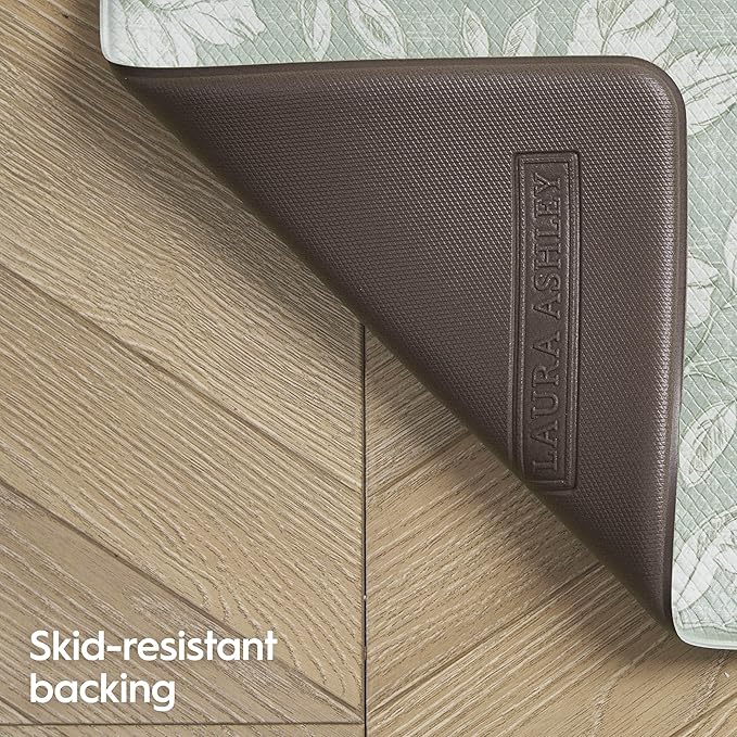 Laura Ashley - Anti-Fatigue Kitchen Mat, Iris Floral Design, Stain, Water & Fade Resistant, Cooking & Standing Relief, Non-Slip Backing, Measures 17.5" x 60", Sage Green Iris