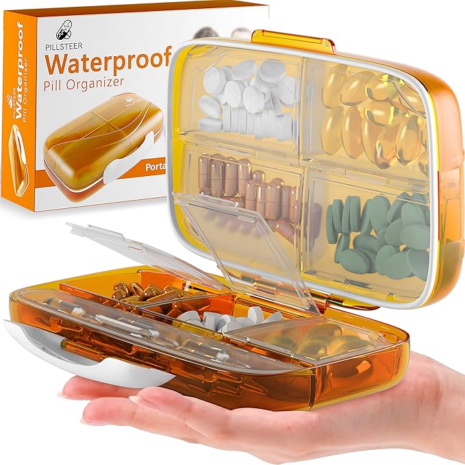 Travel Pill Organizer Medicine Dispenser - Moisture-Proof Pill Boxes and Organizer - Portable Vitamin Container Holder - 8 Large Compartments for Medication and Supplements