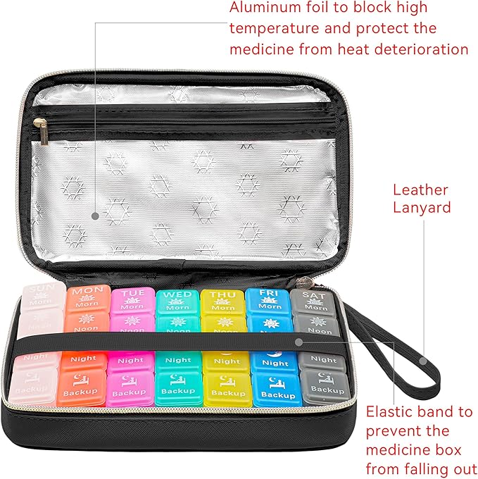Restree Monthly Pill Organizer 28-Compartment Pill Case, 4 Times Daily Medication Container, Travel-Friendly Pill Box for Vitamins Supplements (Black)