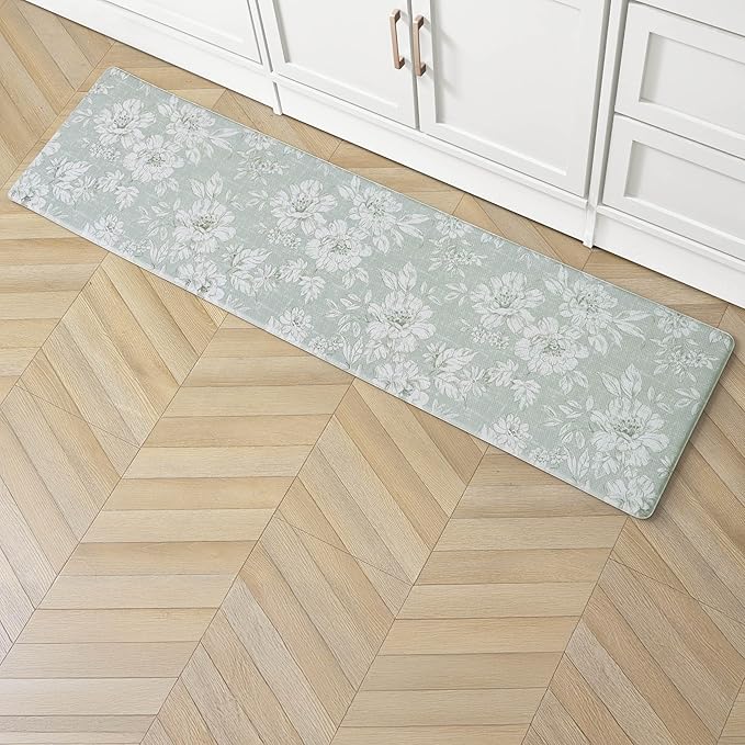 Laura Ashley - Anti-Fatigue Kitchen Mat, Iris Floral Design, Stain, Water & Fade Resistant, Cooking & Standing Relief, Non-Slip Backing, Measures 17.5" x 60", Sage Green Iris