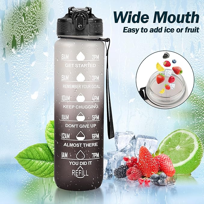 Motivational Water Bottle with Time Marker - 32oz, Leak-proof BPA Free Sports Water Bottles with Straw & Carrying Strap