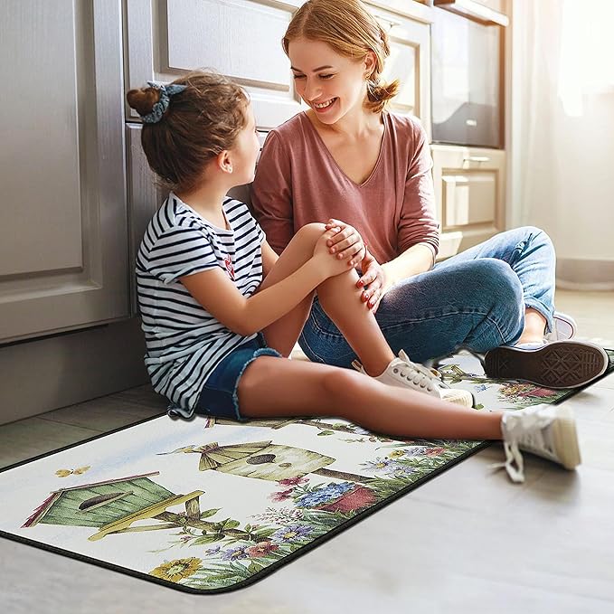 Birds Kitchen Rugs 2 Piece Set for Floor Mat, Rug With Birds Non Skid Washable Absorbent Microfiber Birds Kitchen Mat for in Front of Sink for Standing for Home Birds Kitchen Decor 17"X30"+17"X47"