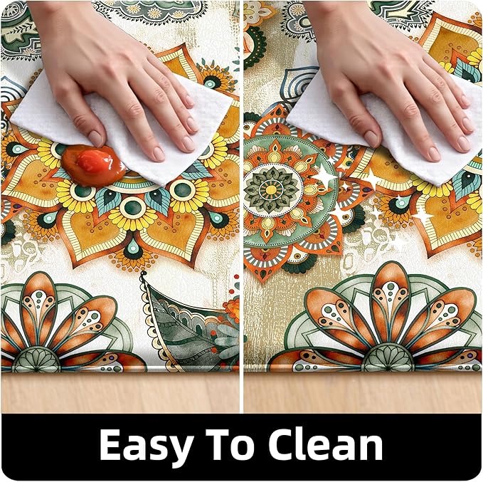 Boho Yellow Floral Kitchen Rugs Mats for Floor 2 Piece Memory Foam Padded Kitchen Mats Anti Fatigue Non Slip Cushioned Comfort Standing Mat, 17.3x28+17.3x47 Inch