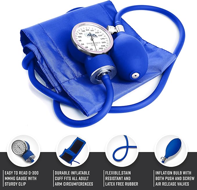 ASA TECHMED Manual Blood Pressure Monitor - Aneroid Sphygmomanometer for Nurses, Universal Standard Blood Pressure Cuff, Nurse Essentials with High-Molecular Velcro Nylon Arm Cuff (Royal Blue)