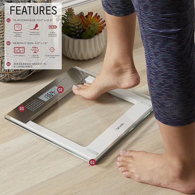 Taylor Precision Products Digital Bathroom Talking Scale, 5 Languages, Scales Body Weight, White Scale Clear Glass Stainless Steel Accents, 440 LB Capacity, Clear Stainless Steel Accents (5294756)
