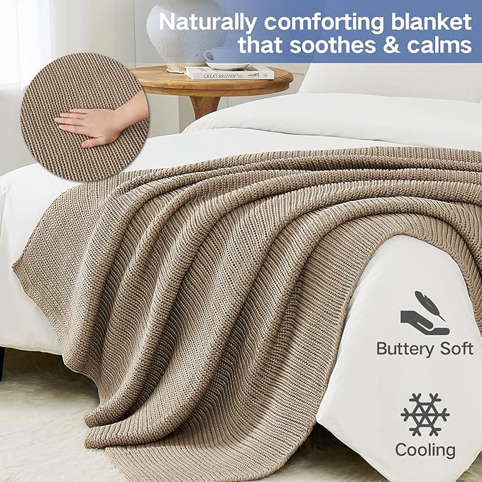 Guohaoi Knitted Weighted Blanket for Adults (Beige 48"x72" 10lbs) No Beads Cooling Throw Blanket for Hot Sleepers, Home Decor Breathable Chunky Knit Heavy Blanket Use on Full Size Bed