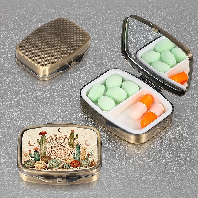 Dynippy Pill Case Pill Box with Mirror Retro Pocket 2 Compartment Medicine Case Vitamin Pill Organizer for Pocket Purse and Travel (A-Desert Moon Cactus)