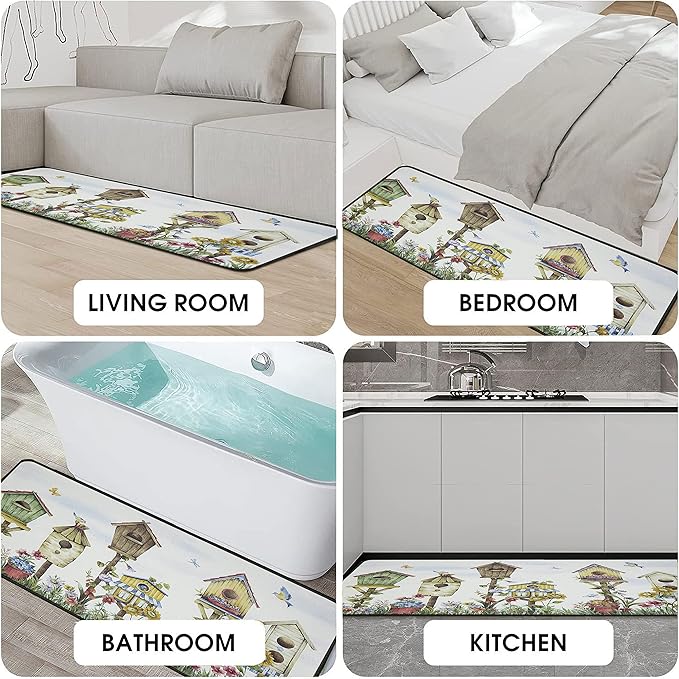 Birds Kitchen Rugs 2 Piece Set for Floor Mat, Rug With Birds Non Skid Washable Absorbent Microfiber Birds Kitchen Mat for in Front of Sink for Standing for Home Birds Kitchen Decor 17"X30"+17"X47"