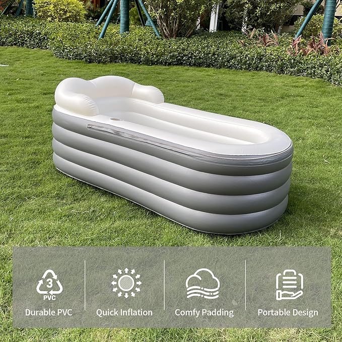 B&Y Portable Adult Soaking Bathtub, Ice Bath Tub Family Home Spa Tub with Zipper Cover, Designed with Headrest, Cup Holder (Air Pump Included) (Rectangular-168x76x68cm (without Machine))