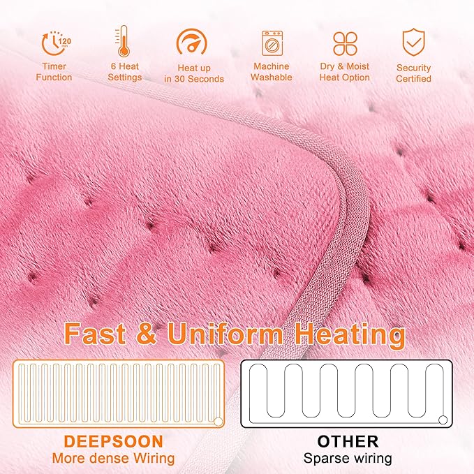 Deepsoon Heating Pad,Electric Heating Pads for Back,Neck,Abdomen,Moist Heating Pad for Shoulder,Knee,Arms,Legs,Dry/Moist Heat & Auto Shut Off,Christmas Gifts for Men and Women,BabyPink,40x20 Inch