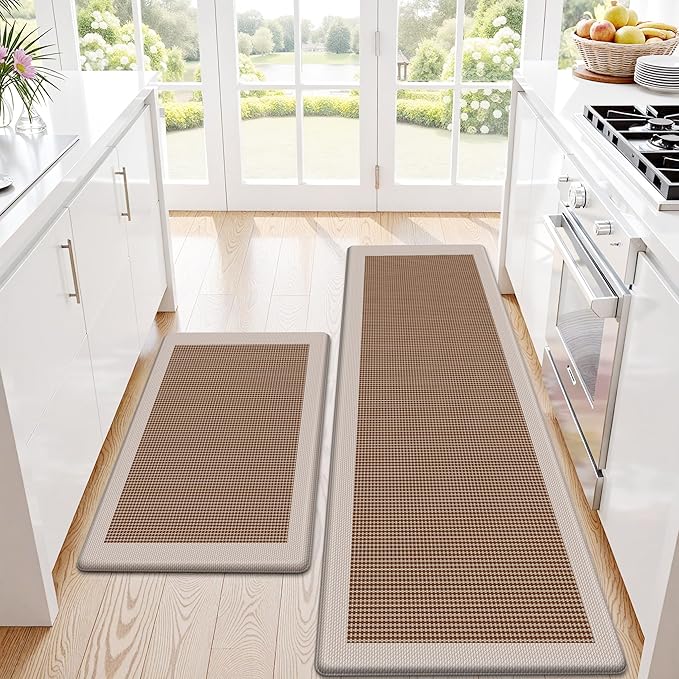 Kitchen Mats, 2PCS Kitchen Rugs for Floor, Cushioned Anti-Fatigue Mats for Kitchen Floor, Non-Slip Standing Desk Mat for Sink, Home, Laundry & Office, 17.3"x30"+17.3"x59" (Khaki)