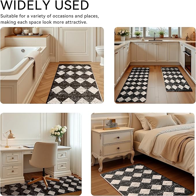 Black Beige Moroccan Trellis Checkered Kitchen Rug Sets [2 PCs], Anti-Fatigue, Waterproof Non-Slip Kitchen Mats Heavy Duty Ergonomic Comfort Foam Rug for Floor, Home, Laundry,17"x29"+17"x47"