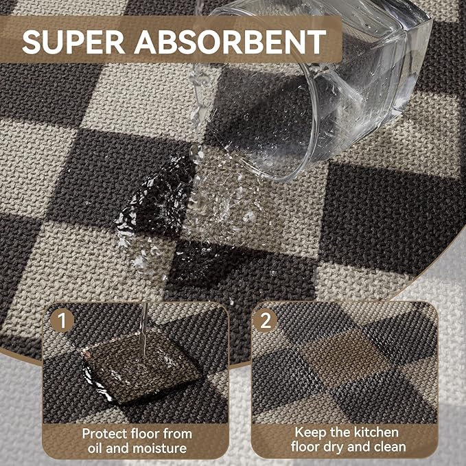 Kitchen Mats for Floor, Super Absorbent Kitchen Rugs Non Slip Washable, Linen-Look Woven Cushion Kitchen Runner Rug, Kitchen Sink Standing Mat, Black Beige Checkered 17"x30"
