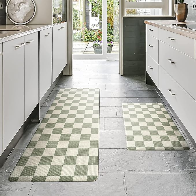 Beige Sage Checkered Grid Checkerboard Kitchen Rug Sets [2 PCs], Anti-Fatigue, Waterproof Non-Slip Kitchen Mats Heavy Duty Comfort Foam Rug for Kitchen, Floor, Laundry,17"x29"+17"x47"