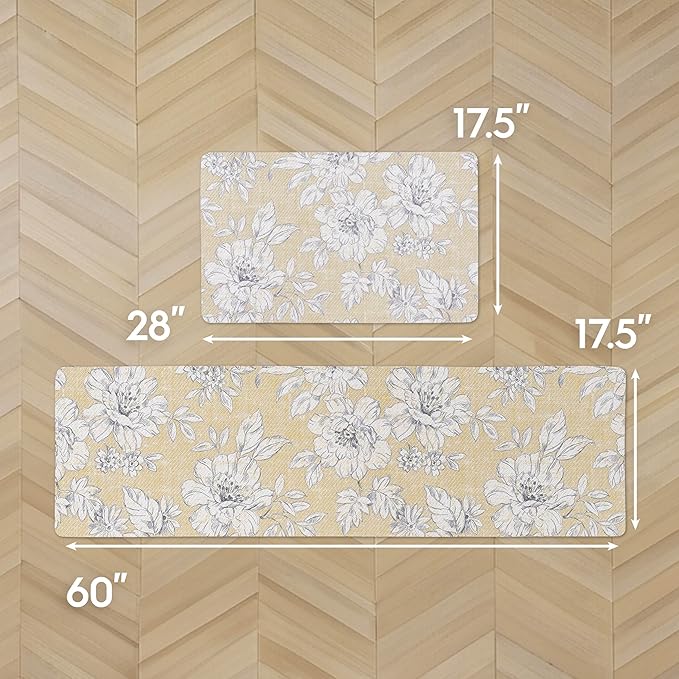 Laura Ashley - Anti-Fatigue Kitchen Mat, Iris Floral Design, Stain, Water & Fade Resistant, Cooking & Standing Relief, Non-Slip Backing, 2 Piece Set: 17.5" x 60" / 17.5" x 28" Yellow Iris