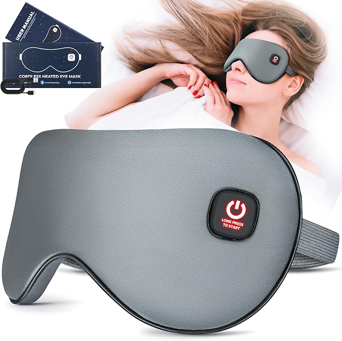 Heated Eye Mask-Cordless Warm Eye Compress Heated Eye Mask for Dry Eyes, Blepharitis,Light Blocking Heat Eye Mask for Men Women, Electric Warm Eye Mask for Airplane Sleeping for Travel (Gray)