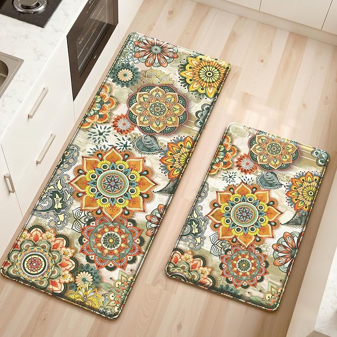 Boho Yellow Floral Kitchen Rugs Mats for Floor 2 Piece Memory Foam Padded Kitchen Mats Anti Fatigue Non Slip Cushioned Comfort Standing Mat, 17.3x28+17.3x47 Inch