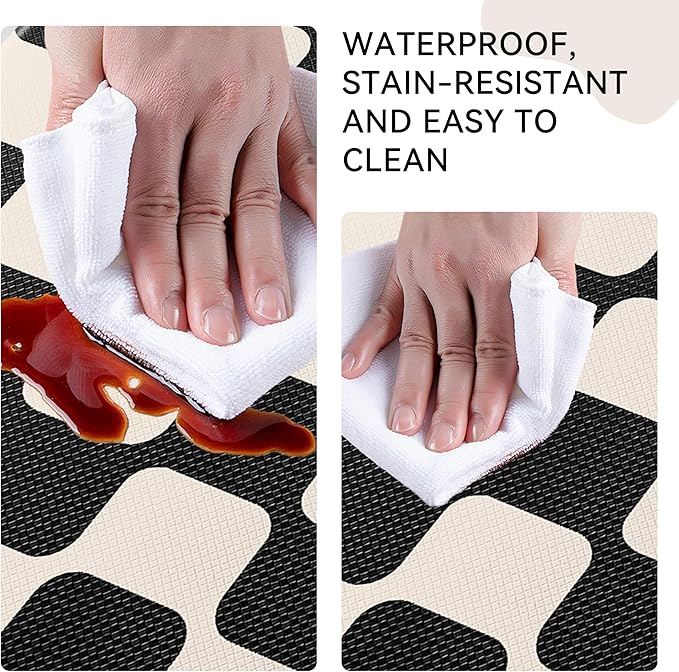 Black Beige Retro Curvy Checkered Grid Checkerboard Kitchen Rug Sets [2 PCs], Anti-Fatigue, Waterproof Non-Slip Kitchen Mats Heavy Duty Comfort Foam Rug for Floor, Home, Laundry,17"x29"+17"x47"