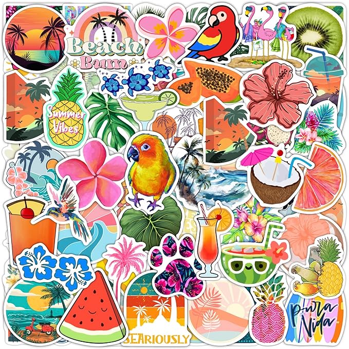 BulbaCraft Tropical Stickers, Beach Stickers for Water Bottle - Tropical Party suppliess & Decorations, Waterproof Vinyl Hawaiian Decals, Aloha Decals, Gifts for Women & Men
