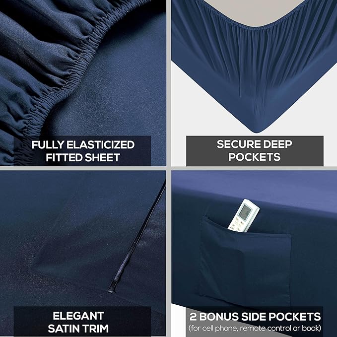 Mueller Ultratemp King Size Sheets Set, Super Soft 1800, 6 Piece, Deep Pocket up to 16" Cooling Sheets King Size, Transfers Heat, Breathes Better, Hypoallergenic, Wrinkle, Navy
