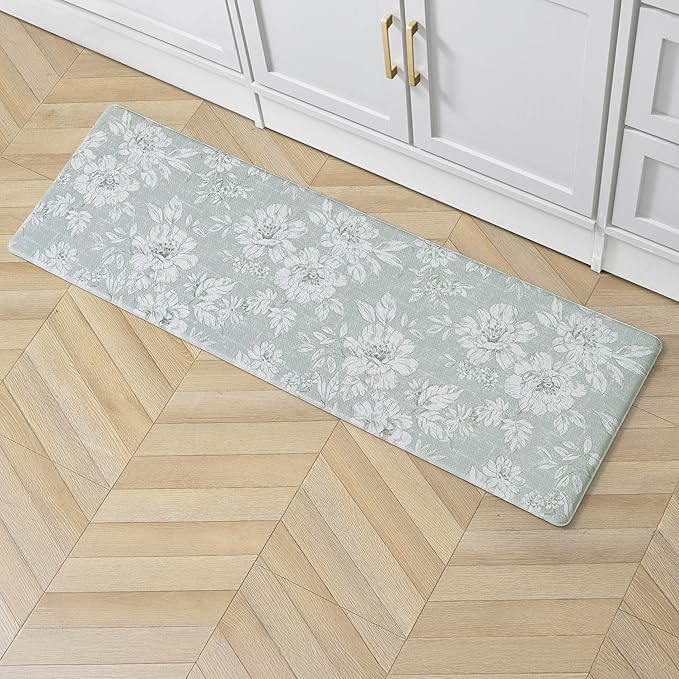 Laura Ashley - Anti-Fatigue Kitchen Mat, Iris Floral Design, Stain, Water & Fade Resistant, Cooking & Standing Relief, Non-Slip Backing, Measures 17.5" x 48", Sage Green Iris