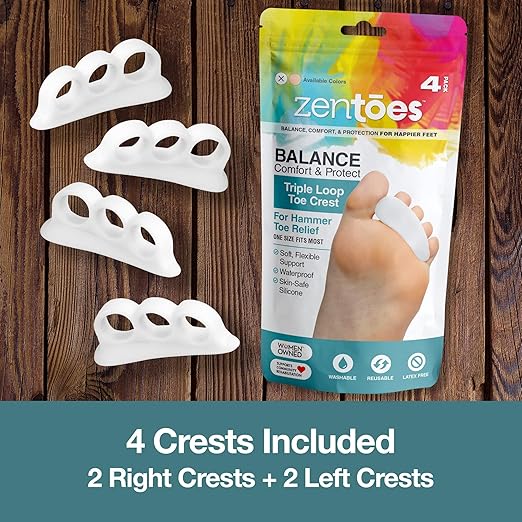 ZenToes Hammer Toe Corrector for Women & Men | Triple Loop Gel Toe Spacers & Separators | Realign Bent, Crooked, Curled, Claw, Hammertoes | Soft Support for Straightening | 4 Pack, White