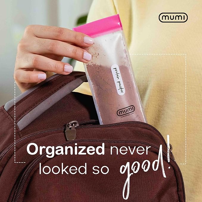 MUMI Single Dose Kit – 7pc (2.36” x 6.14”) Reusable Protein Powder Travel Container Packets with Zip-Up Bag (8” x 5”) & Funnel | Protein Powder Container to Go, Travel Powder Containers & Organizer