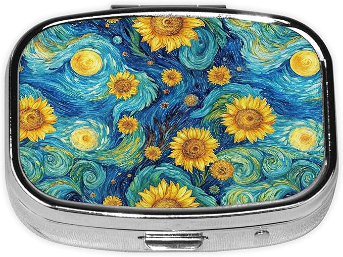 Pill Box-2 Compartment Small Pill Case Square Organizer Case with Mirror Portable Metal Medicine Box Travel Container for Pocket & Purse Women Men(Starry Night Sunflower)