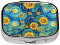 Pill Box-2 Compartment Small Pill Case Square Organizer Case with Mirror Portable Metal Medicine Box Travel Container for Pocket & Purse Women Men(Starry Night Sunflower)