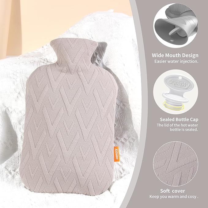 samply Hot Water Bottle with Cover, 2L Hot Water Bag for Hot and Cold Compress, Hand Feet Warmer, Neck and Shoulder Pain Relief, Grey