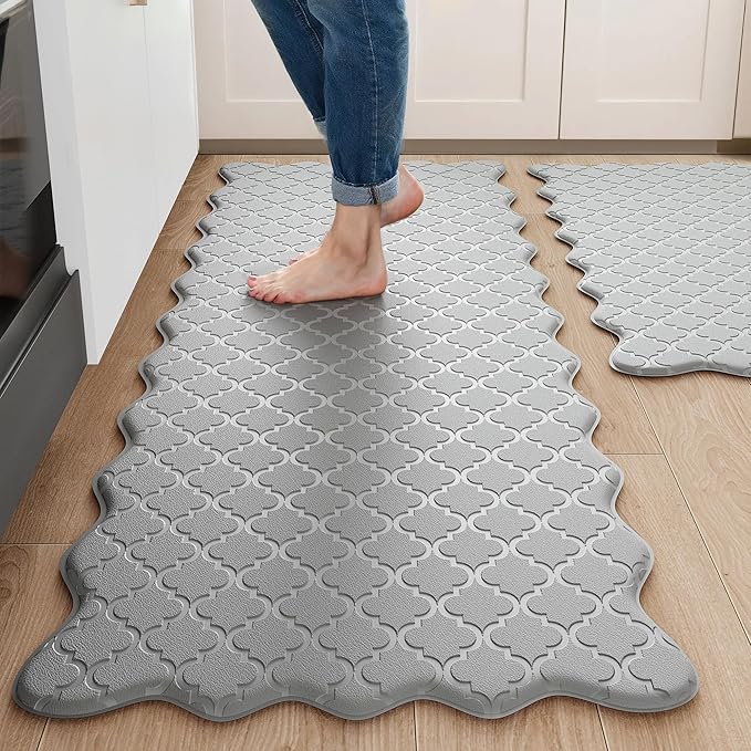 Upgrade Scalloped Embossed Kitchen Mats for Floor 2PCS Cushioned Anti Fatigue Waterproof Foam Kitchen Rugs Non Slip Washable Comfort Standing Mat for Office Sink Laundry, Gray