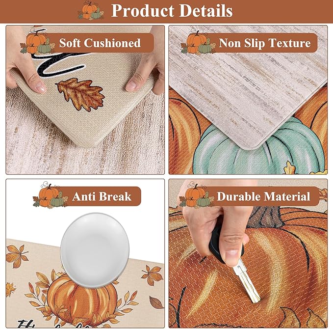 U'Artlines Fall Kitchen Rugs Sets of 2, Anti Fatigue Mats for Kitchen Floor Printed on Both Sides, Non Slip Waterproof Fall Kitchen Mats with Pumpkin Leaves Fall Decor Pattern 17"x28"+17"x47"