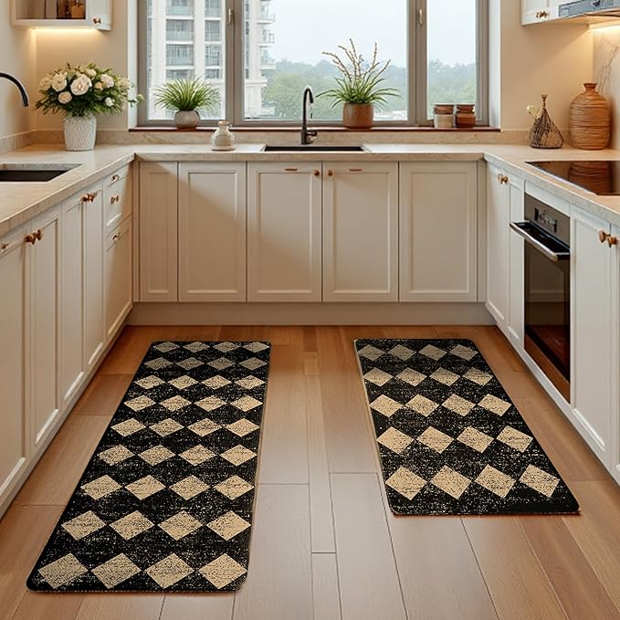 Black Brown Moroccan Trellis Checkered Kitchen Rug Sets [2 PCs], Anti-Fatigue, Waterproof Non-Slip Kitchen Mats Heavy Duty Ergonomic Comfort Foam Rug for Floor, Home, Laundry,17"x29"+17"x47"