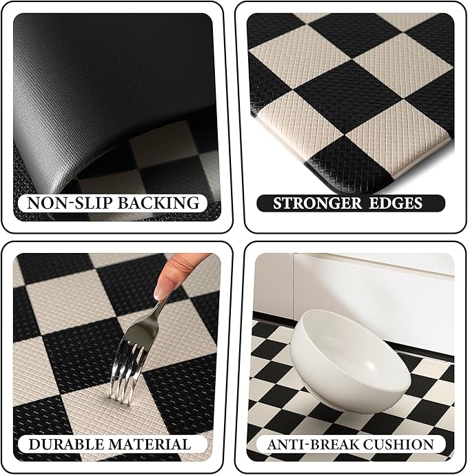 Beige Black Checkered Grid Checkerboard Kitchen Rug Sets [2 PCs], Anti-Fatigue, Waterproof Non-Slip Kitchen Mats Heavy Duty Comfort Foam Rug for Kitchen, Floor, Laundry,17"x47"