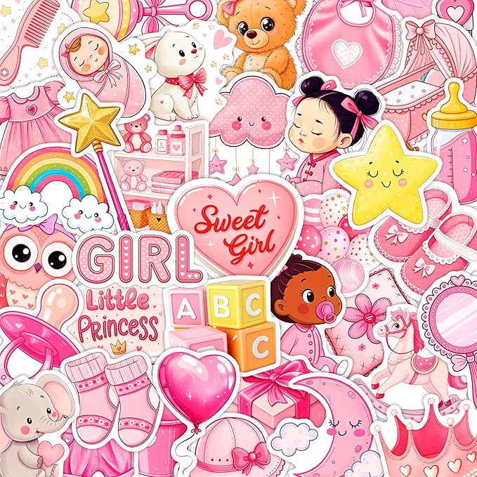 100Pcs Baby Girl Stickers for Shower, Scrapbooking - Newborn Stickers - Baby Girl Shower Party Supplies & Decoration, Gifts
