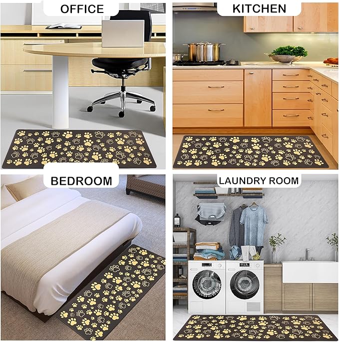 Black and Gold Kitchen Mats Cushioned Anti Fatigue Paws Print Kitchen Mats for Floor 2 Piece Waterproof Comfort Standing Mat for Desk, Sink, Stove, Laundry, 17"x30"+17"x47"