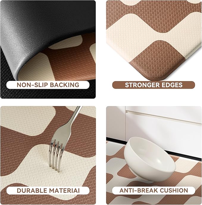 Khaki Beige Retro Curvy Checkered Grid Checkerboard Kitchen Rug Sets [2 PCs], Anti-Fatigue, Waterproof Non-Slip Kitchen Mats Heavy Duty Comfort Foam Rug for Floor, Home, Laundry,17"x29"+17"x47"
